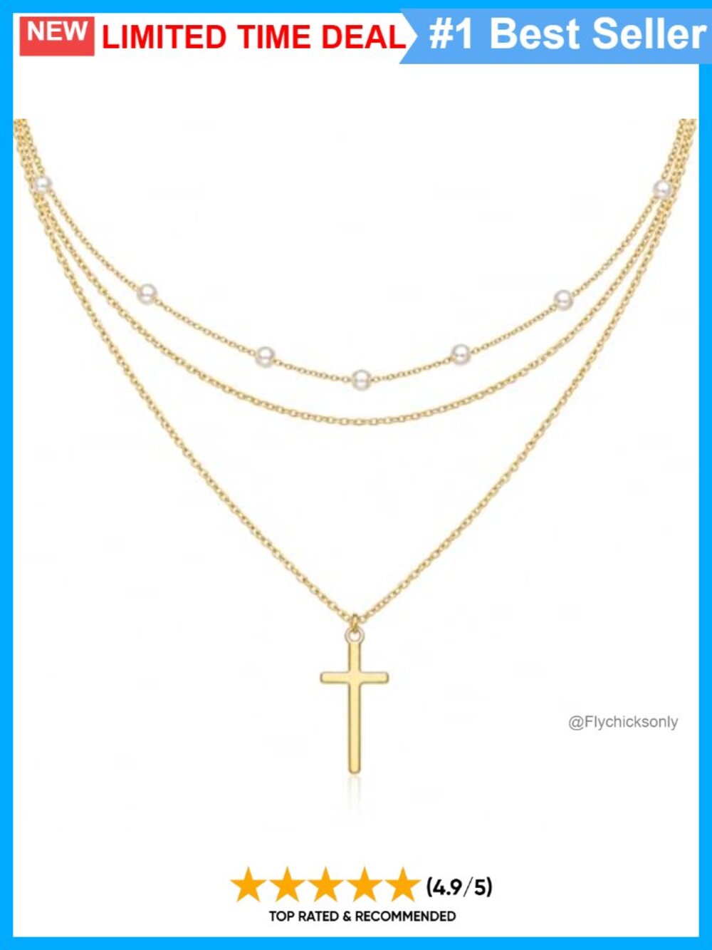 14K Gold Cross Necklace Multi Strand Layered Pearl Pendant Chain Women